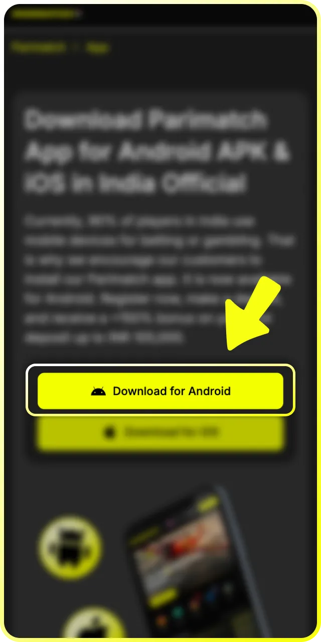 Navigate to the mobile section and click the Download Parimatch APK button to start the file transfer.