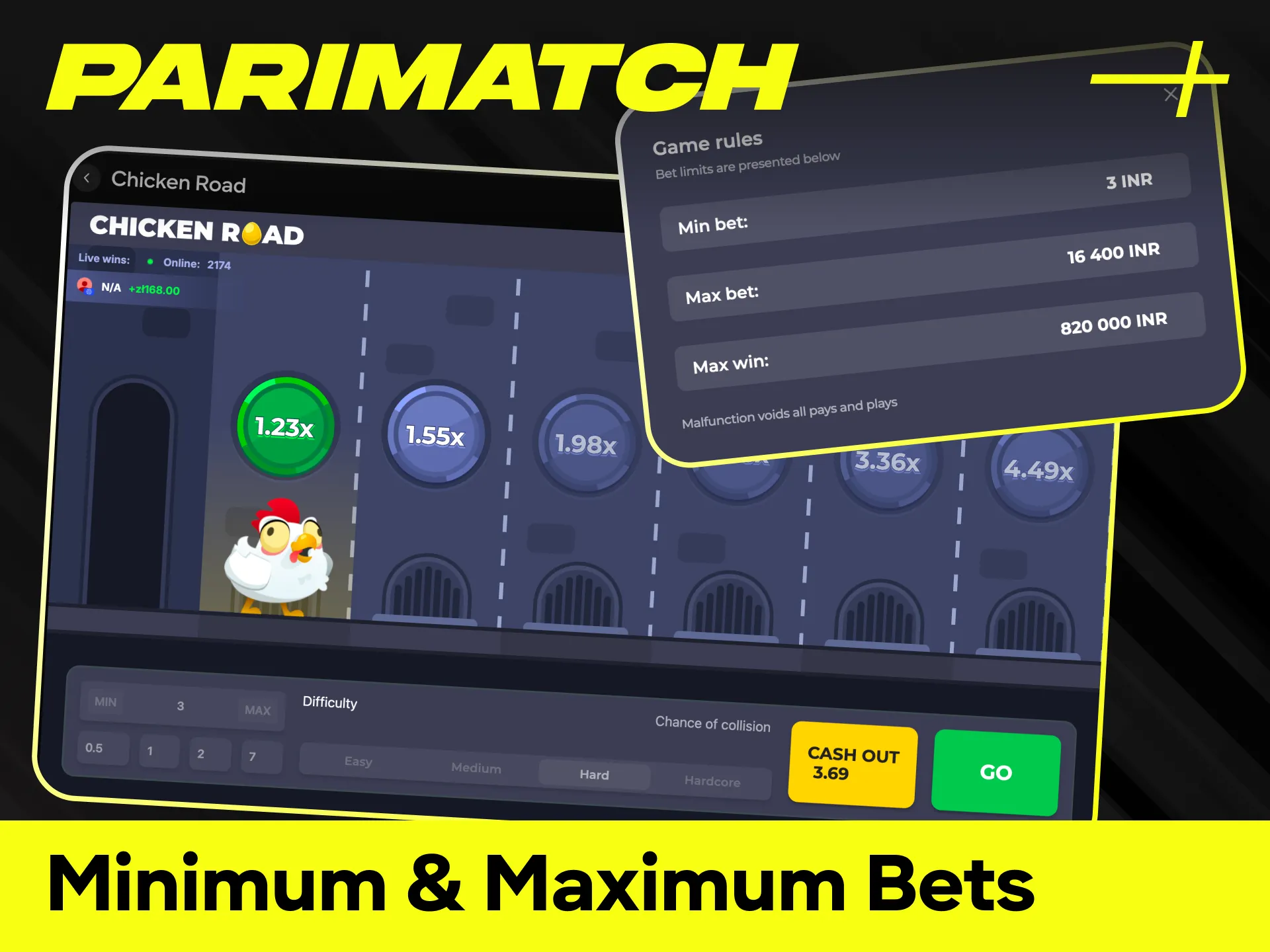 Review the minimum and maximum bets allowed for Chicken Road at Parimatch.