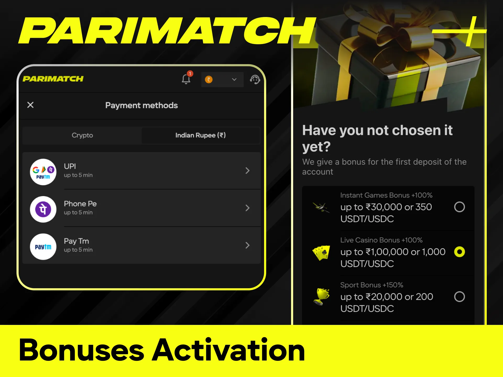 Follow the steps for deposit bonuses activation to play at Parimatch.