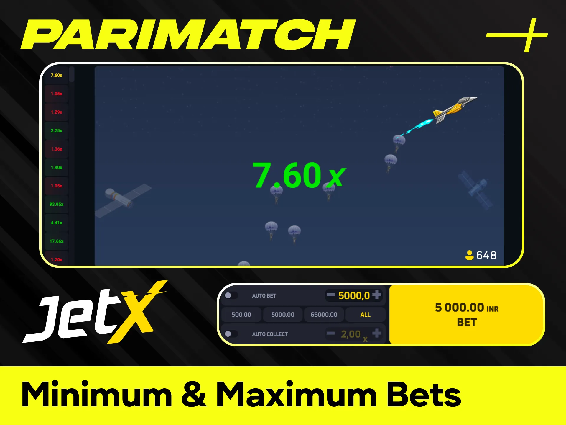 Review the minimum and maximum bets for JetX at Parimatch India.
