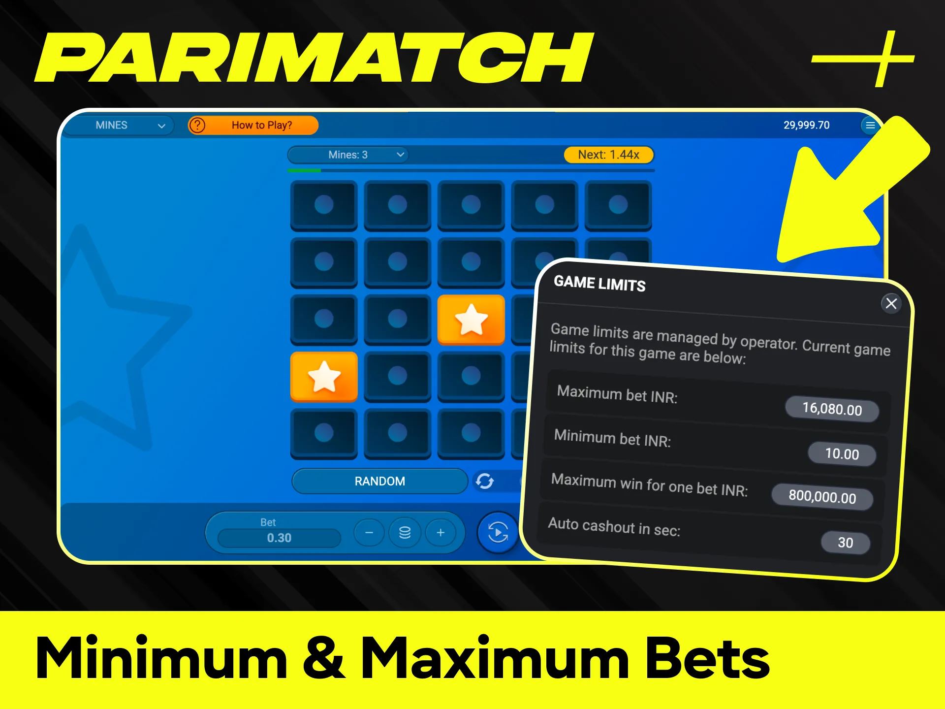 Review the minimum and maximum bets for the Mines game at Parimatch.