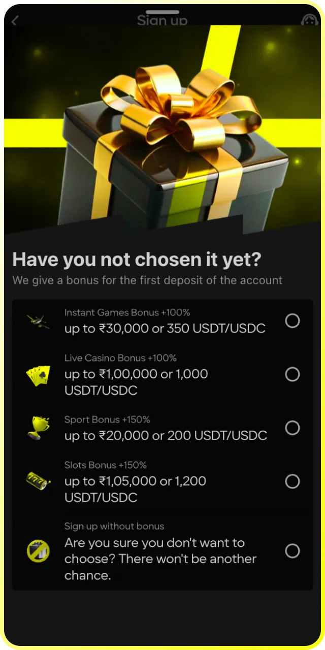 Pick your favorite offer and select a bonus before finishing your Parimatch signup.