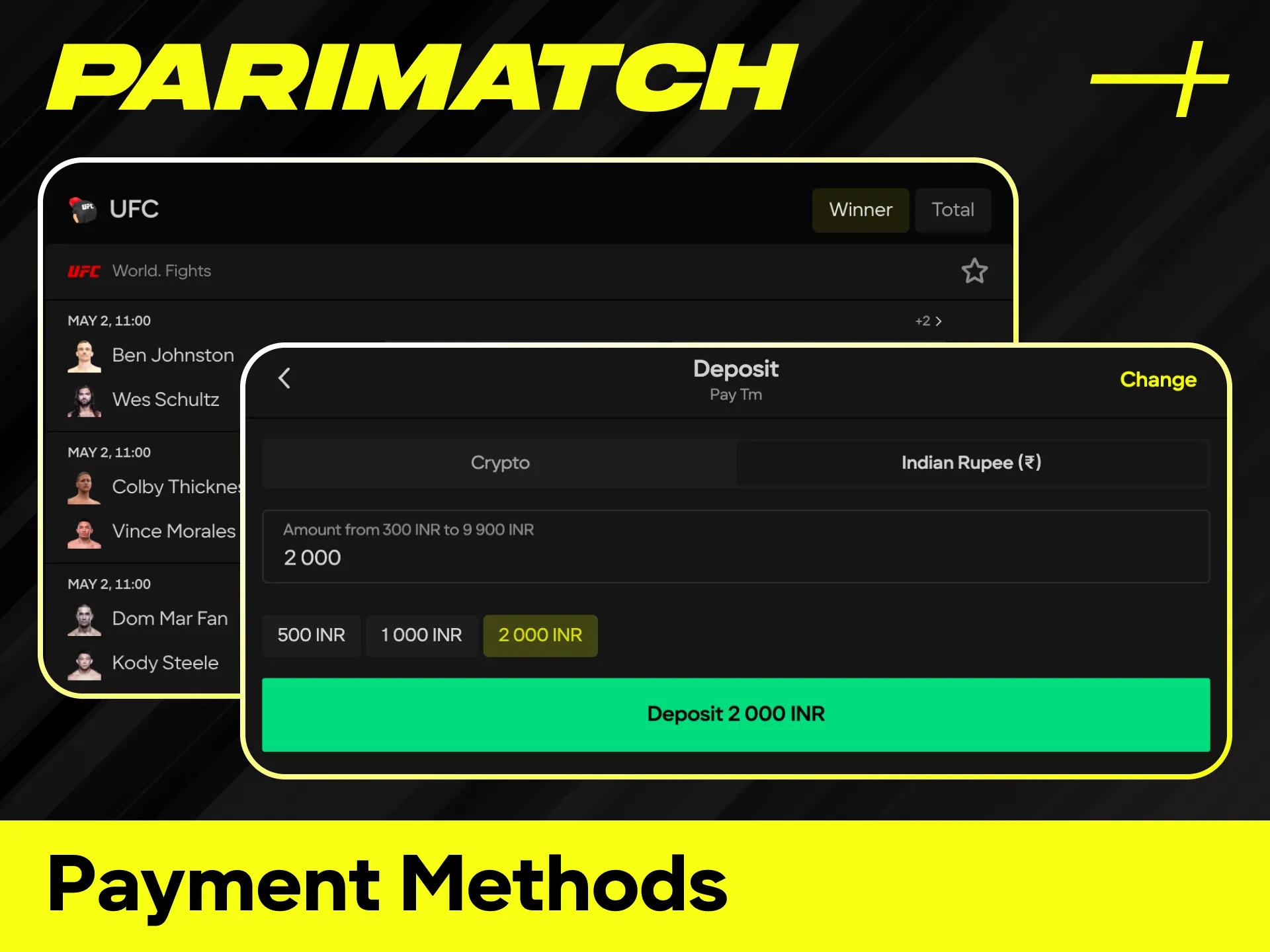 Select a secure payment method for funding your UFC betting account at Parimatch.